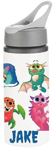 Cute Monsters Water Bottle with Straw - Personalised with name of your choice