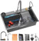 Fregadero de cocina en cascada Fregadero de cocina de acero inoxidable de un solo tazón con grifo extraíble Flying Rain de carga superior multifuncional y varios accesorios (85x45x22CM)