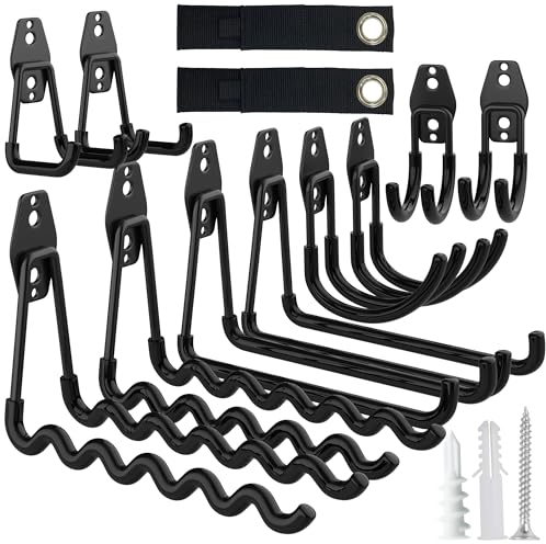 HSTMYFS 10 Pack Heavy Duty Garage Hooks with 2 Extension Cord Holder, Utility Steel Storage Hooks, Wall Mount Hooks & Tool Organiser Hanger, Hanging for Bike, Garden & Shed Tools, Ladder, Hose