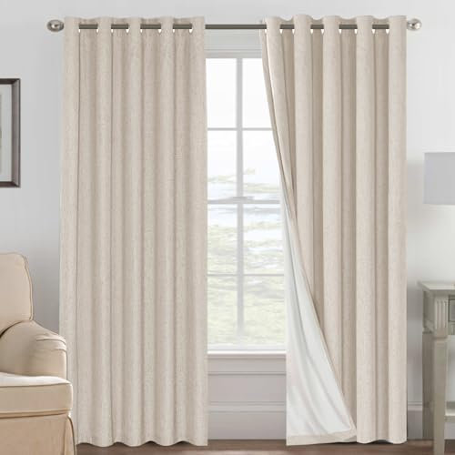 BellaHills 100% Blackout Curtains for Bedroom & Living Room, Eyelet Thermal Insulated Linen Textured Curtains, Heat & Full Light Blocking Drapes, 2 Panels Set, 66 x 90 Inch, Natural
