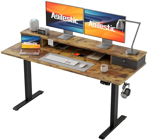 Agilestic Escritorio de altura regulable con 2 cajones, 140 x 60 cm, escritorio estable, altura ajustable, asiento ergonómico, mesa de ordenador, color marrón
