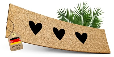 ElbFuchs Kokos Fußmatte 75x25cm mit Schwarze Herzen I Extra strapazierfähige & rutschfeste Kokosmatte I Für den Innen- & überdachten Außenbereich I Ideal als schmaler Schmutzfang und Eingangsmatte