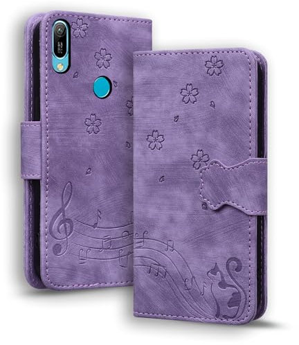 TEDTIKJT Cover per Huawei Y6 (2019) - Custodia Premium in Pelle PU con Portafoglio, Card Slot e Supporto - Gatto Musicale Sakura, Viola