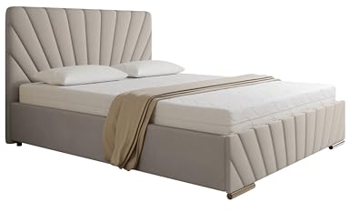 PANDA MÖBEL Polsterbett 160x200 cm - RAY Kollektion - Modern Doppelbett mit hochwertiger Taschenfederkernmatratze Pocket - Polsterbett mit Bettkasten für Schlafzimmer - Beige