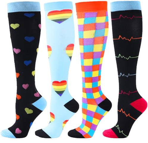 BONANGEL 4 Paare Kompressionsstrümpfe Damen Herren Bunte 15-20 mmHg Stützstrümpfe Medizinische Kompressionssocken für Sport, Laufen, Reise, Radfahren, Flug, Krankenschwester, Schwangerschaft