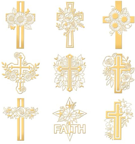 OLYCRAFT 9 Stück 4x4 cm Kreuz-Metallaufkleber Kreuz Mit Blume Selbstklebende Goldaufkleber Glaubensthema Metall-Goldaufkleber Für Sammelalben DIY-Harzhandwerk Telefon-Wasserflaschen-Dekor