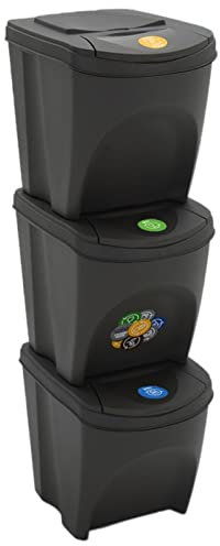 CIADAZ Cubos de basura apilables 3 uds polipropileno gris 75 L, Cubos De Basura Cocina, Papelera Cocina, Mueble Basura, Papelera De Basura Cocina,Reciclaje Basura,