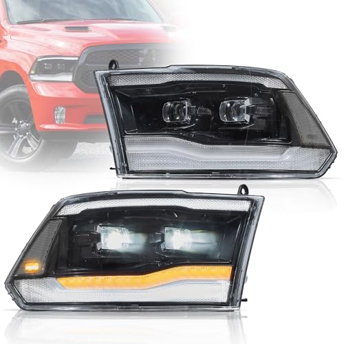 VLAND Phares Projecteurs LED pour Dodge RAM 1500, 2500, 3500 2009-2018 & RAM 1500 Classic 2019-2021, Feux Avant avec Animation Dynamique & Clignotant séquentiel, Réflecteur clair