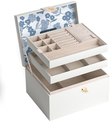 ADEL DREAM Schmuckkästchen Schmuckschatullen Schmuckaufbewahrungsbox Schmuckbox mit Knöpfen Geburtstags- und Feiertagsgeschenke für Damen Töchter und Freunde Weiß
