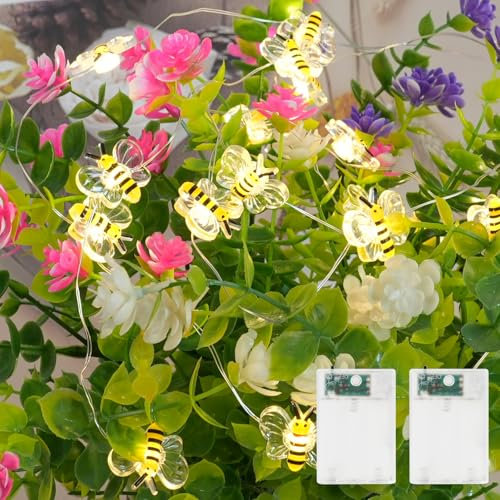 URAQT Copper Wire Bee Lights Decoration, Garden Lights, 2 Pack 9.8ft 30 LED Battery Powered Outdoor String Fairy Lights, for Women, Kids, Girls, Bedrooms, Plants, Patio Parties, Wedding Christmas