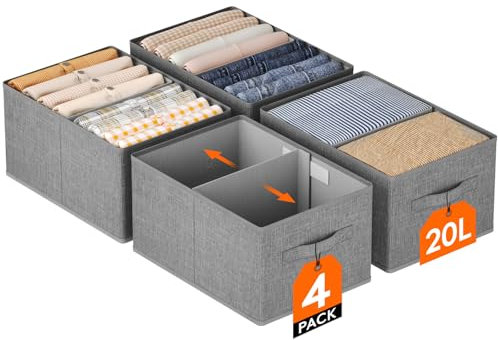 Lifewit Groß 4er Set Aufbewahrungsboxen, faltbarer Kleiderschrank Aufbewahrungskorb mit EntfernbareTrennwand, Aufbewahrungsschublade aus Stoff mit Griff für Kleidung, Hosen, Socken, 40 x 28 x 20 cm