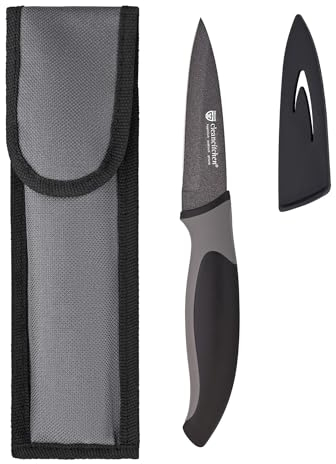 GRÄWE Küchenmesser mit Klingenschutz, antibakteriell, Schwarz, Allzweckmesser für die Küche, Rutschfester Griff, Antihaft-Beschichtung, mit Schutzhülle und Stoffetui, 19,5 cm Gesamtlänge