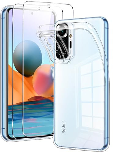 Coiwxmoi Funda para Xiaomi Redmi Note 10 Pro/Note 10 Pro MAX 4G con 2 Piezas Vidrio Templado Película Protectora 6,67, Carcasa Suave TPU Silicona Transparente Case Antigolpes Protectora Cover