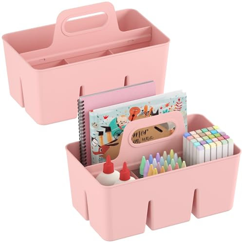 Lifewit Boite Rangement Plastique, Panier Rangement avec Poignée, Bac Rangement Organisateur Bureau Bain Cuisine Placard, Caisse Rangement pour Crayons, Cosmétiques, Rose, 2 Pièce