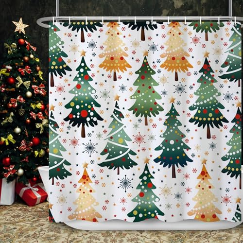 Ttincceer 180x180cm Arbre de noël Rideau de Douche Dessin animé Arbre de noël feu d'artifice Flocon de Neige Lavable Rideau de Salle de Bain Vert Orange pin Hiver Vacances Bain Rideau décoratif