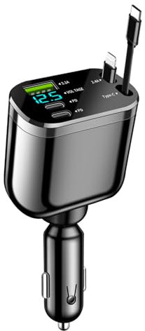 80W Zigarettenanzünder USB C, 5 in 1 Einziehbares Auto Ladegerät mit LED Voltmeter, USB Zigarettenanzünder Adapter Kompatibel mit iPhone 16/15/14/13, Pro Max, Samsung S24/S23