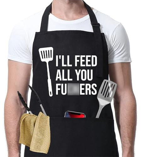 Funny Aprons for Men - Novelty Aprons for Women Men, Best Cooking Bbq Apron Gifts for Husband Dad Funny and Unusual, Cool Chef Apron with 3 Pockets, I'll Feed All You Adjustable Grill Baking Pinafore