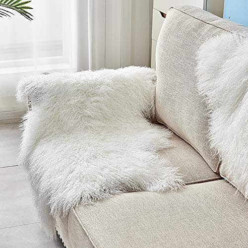 Luxuriöser echter mongolischer tibetischer Schaffell-Teppich, weich, 100 % Wolle, mit gelocktem Kaschmirfell, perfekt für Teppich oder Sessel, 60 x 95 cm, Weiß