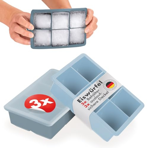 Blumtal Eiswürfelformen Silikon 3er Set - 6er Eiswürfelform mit Deckel - BPA-freie Silikon Eiswürfelform groß - Ice Cube Tray lebensmittelecht - Ice Tray - Graublau + Graublau + Hellblau