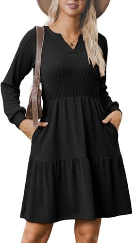 Zeagoo Autumn Jumper Dress for Women UK Elegant V Neck Knitted Tunic Dress | Long Sleeve Skater Dresses with Pockets|Elegent| A Line| Loose|S-XXL
