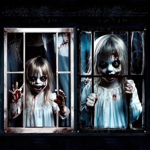 Halloween Deko: 2x Horror Deko Fenster Banner für ein gruseliges Erlebnis | Halloween Fensterdeko aus Stoff (120x80cm). Realistische Grusel Deko für Halloween Deko Outdoor & Innen