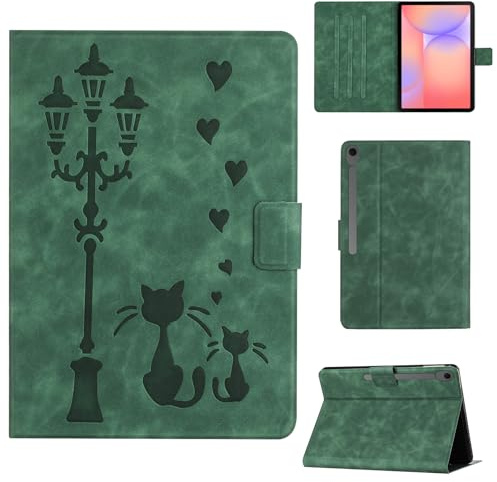 Rosbtib Coque pour Samsung Galaxy Tab S10 Lite 2025/ S10 FE 2025/ S9 FE 10.9 & S9 11 Product Housse en Similicuir avec Support, Un Couple de Chats Amoureux sous Le lampadaire Imprime, Vert