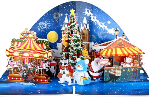 DISJOURNEY Weihnachtskarten 3D - Frohe Weihnachtsstadt Pop Up Karte Weihnachten - Weihnachtskarte mit Umschlag - Merry Christmas Cards für Familien Freunden - 15x20cm (Nachts)