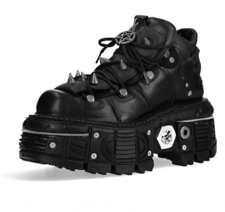 JMdfcqer Damen Schnürstiefeletten Stämmiger Absatz Plattform Stiefel Mode Gothic Punk-Stil Motorradstiefel mit Nieten,Schwarz,45 EU