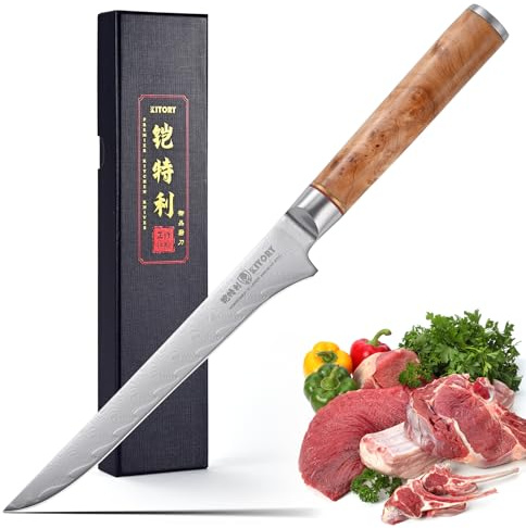 Kitory Filetiermesser Damaststahl 73 Lagen Profi Ausbeinmesser 15 cm Klinge Aus 10Cr15CoMoV Stahl mit Weißer Schatten Holzgriff - Pro Damast Serie