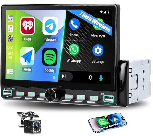 CAMECHO Autoradio 1 Din Wireless Carplay Android Auto Bluetooth Radio 7 Zoll mit Rückfahrkamera, IPS Touchscreen HD Bildschirm mit Mirror Link Lenkradsteuerung +2USB Anschlüsse