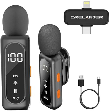 Crelander 3 in 1 Professionelles Mini-Drahtloses Mikrofon für iPhone/Android/Kamera, Bluetooth Lavalier-Mikrofon mit Kristallklarer Klangqualität für Aufnahmen, Live-Streaming, Mikrofon-Clips (All)
