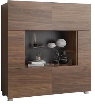Mirjan24 Kommode Calabrini BR01 mit 2 Türen (Nuss Warmia, ohne LED) | Moderne grifflose Kommode mit gehärtetem Glas und viel Stauraum für Wohn- und Schlafzimmer