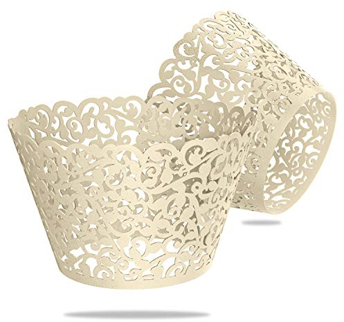 WedDecor Ivory Cupcake Wrappers Laser Cut Pearlescent Floral Design Muffin Wrap Cases Paper Holders for Party Decoration, Wedding, Birthday, Events, 25pcs