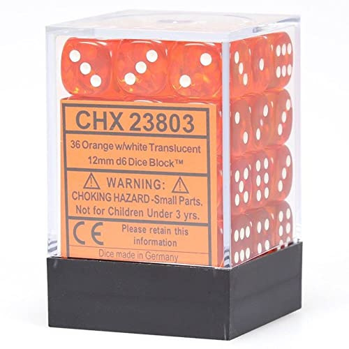 Chessex Translucent 12mm d6 with pips Dice Blocks (36 Dice) - Orange w/White