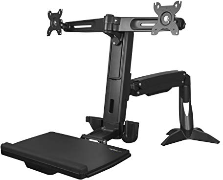 StarTech.com Sit Stand Dual Monitor Arm - Desk Mount Dual Computer Monitor Adjustable Standing Workstation for up to 24 Displays - VESA Ergonomic Stand Up Desk Converter w/ Keyboard Tray (ARMSTSCP2)