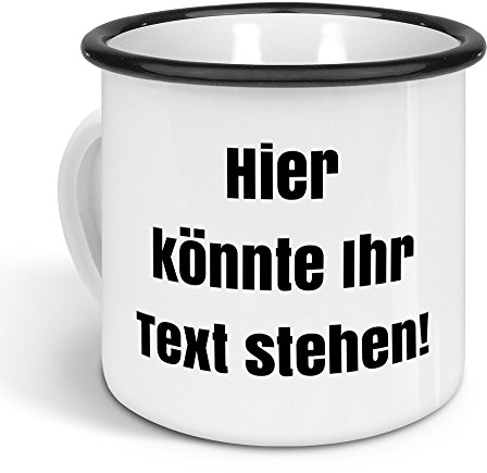 printplanet - Emaille-Tasse mit eigenem Text Bedrucken Lassen - Blechtasse Personalisieren – Nostalgie-Becher mit eigenem Spruch, Farbe Schwarz, 300ml