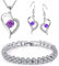 Kim Johanson Damen Schmuckset *Lola* in Silber I Halskette mit Anhänger & Ohrringen aus Edelstahl I Armband rhodiniert I Mit weißen & lila Kristallen besetzt inkl. Schmuckbeutel