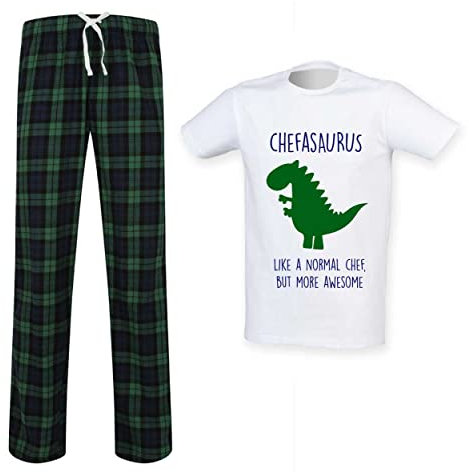 60 Second Makeover Limited Mens Chef Dinosaur Tartan Trouser Pyjama Set Family Matching Twinning Family Size - S