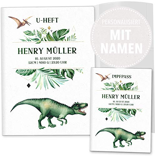 OLGS U-Heft Hüllen 3-teilig Set Dinosaurier Untersuchungsheft Hülle & Impfpasshülle schöne Geschenkidee personalisierbar mit Namen und Geburtsdatum (U-Heft Set 3-teilig personalisiert, T-Rex)
