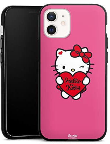 Silikon Hülle kompatibel mit Apple iPhone 12 Case schwarz Handyhülle Hello Kitty Fanartikel Herz
