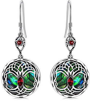 AOBOCO Keltisch Baum des Lebens Ohrringe 925 Sterling Silber Lebensbaum Ohrringe Damen, Geburtstagsschmuck Geschenke für Frauen (Simulierter Granat)