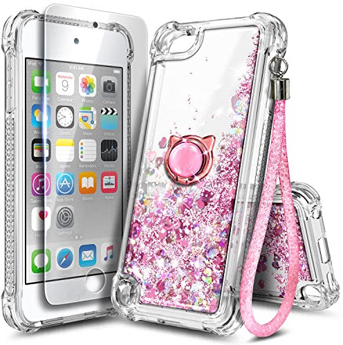 NGB Schutzhülle für iPod Touch 7, 6/5, mit HD-Displayschutzfolie und Ringhalter, Mädchen, Frauen, Kinder, Glitzer, Flüssigkeit, weiches TPU, transparent, niedlich, Apple 7. 6. 5. Generation – Roségold