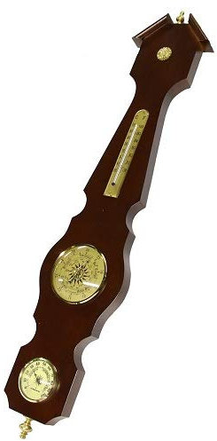 Elegante Stazione meteo con alloggiamento in legno con indicatore termico, igrometro e barometro, misura 76x15x3 centimetri, dettagli in ottone, articolo vintage originale