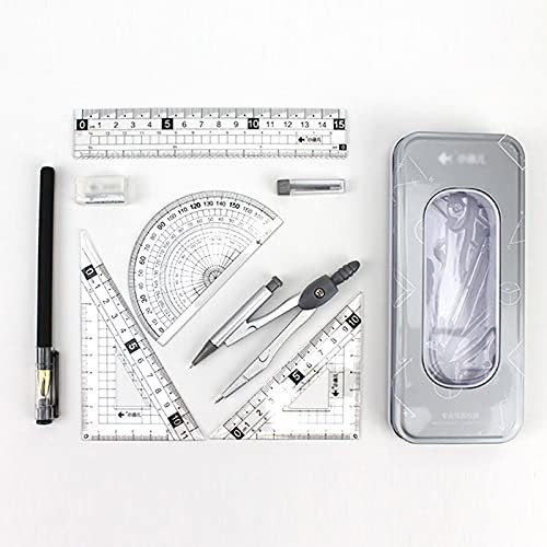 MEGAUK Geometrie Set mit Zirkel Mathematik-Set Schreibwaren-Set für Kinder Schule Uni, gerades Lineal Stellwinkel Dreieck Winkelmesser in stabiler Metallbox, Silbergrau