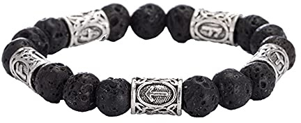 BBYOUTH Viking Herren Armband - Natürliches Vulkangestein und Odin Rune Metallperle mit Valknut Schmuckbeutel,Silver b