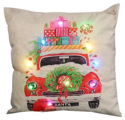 Happyyami Christmas Throw Pillow Cover with Led Lights Linen Cushion for Home Decoration Festive Design for Sofa Chair Car Living Holiday