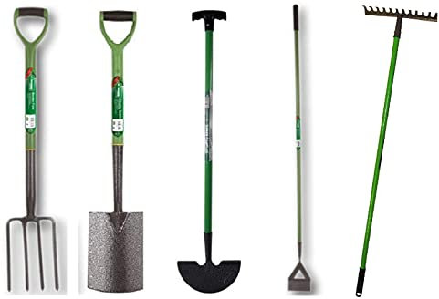 Monal Green Garden Farming Lightweight Gardening Soft Plastic Handle Grip Carbon Steel Set of 5 Spade, Fork, Rake, Hoe, Edging
