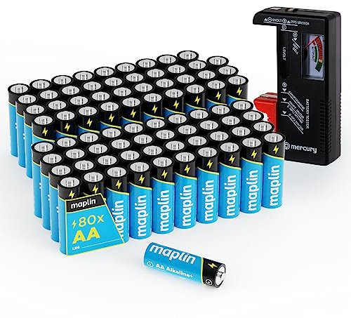 Maplin 80x AA LR6 1.5V Alkaline Batteries 10 Year Shelf Life High Performance with Universal Battery Tester