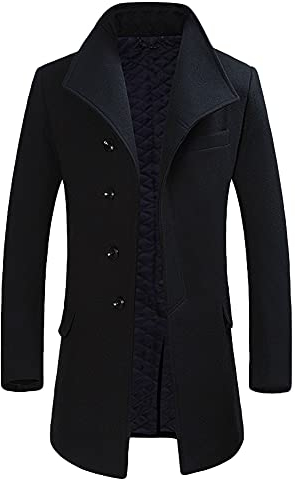 Allthemen Trench da Uomo Colletto alla Coreana Cappotto di Casual Lana Coat Lungo Invernale Cappotto Monopetto 1501# Nero 3XL