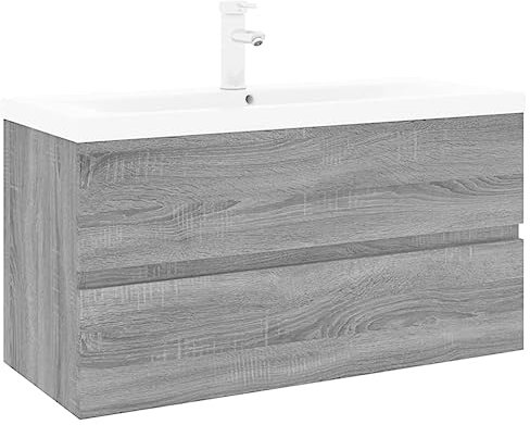 vidaXL Mueble de Baño con Lavabo Armario Almacenamiento Colgante Suspendido Pared Estante Inferior Cajón Madera Contrachapada Gris Sonoma